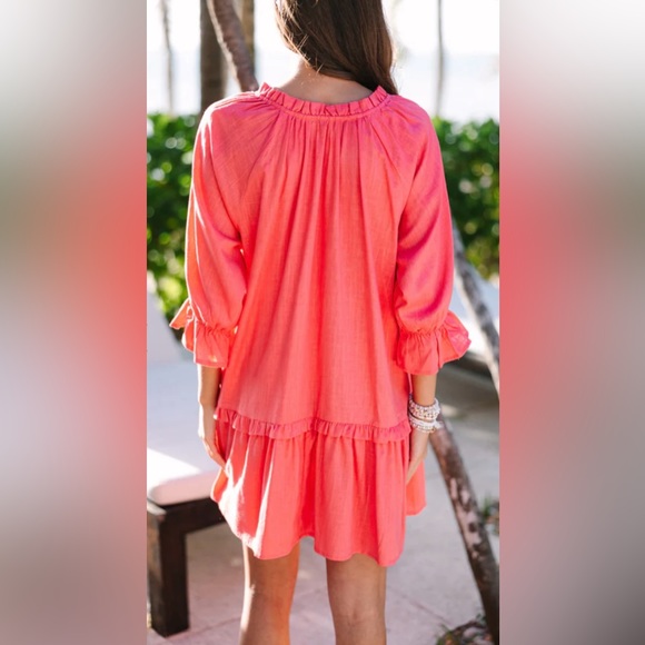 Coral + Melon Linen Ruffle Babydoll Dress | 3/4 Sleeves | Large | New - Picture 3 of 6